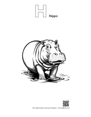 Thumbnail: Hippo Emerging from Murky Waters Printable Outline Alphabet H Hippo