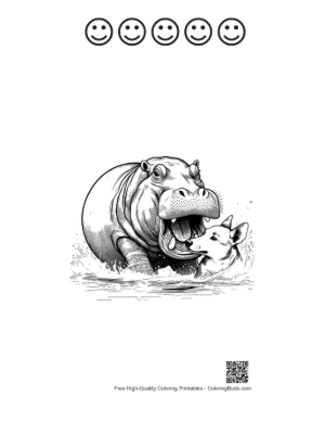 Thumbnail: Hippo Playfully Wrestling Husky in River Splash Printable and 5 Happy Face Outline