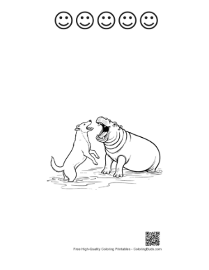 Thumbnail: Husky Pup Playfully Roars with Hippo in Water Printable and 5 Happy Face Outline