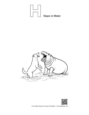 Thumbnail: Husky Pup Playfully Roars with Hippo in Water Printable Outline Alphabet H Hippo in Water