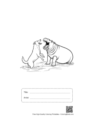 Thumbnail: Husky Pup Playfully Roars with Hippo in Water Printable with Title and Artist Box