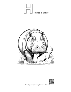 Thumbnail: Mother Hippo Carrying Calf in Splashing Water Printable Outline Alphabet H Hippo in Water