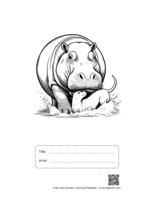 Thumbnail: Mother Hippo Carrying Calf in Splashing Water Printable with Title and Artist Box