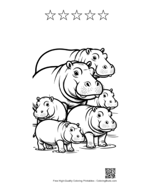 Thumbnail: Playful Hippo Family in Shallow Water Printable and 5 Star Outline