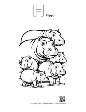 Thumbnail: Playful Hippo Family in Shallow Water Printable Outline Alphabet H Hippo