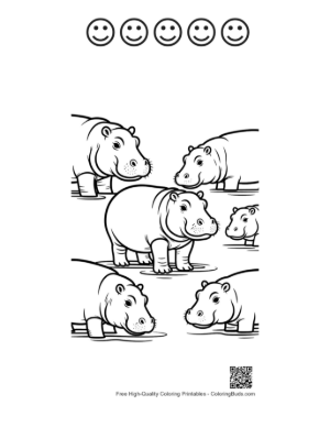 Thumbnail: Playful Hippo Family in Water Printable and 5 Happy Face Outline
