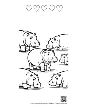 Thumbnail: Playful Hippo Family in Water Printable and 5 Heart Outline