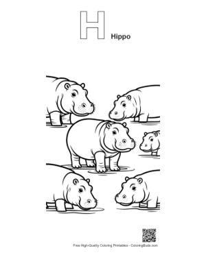 Thumbnail: Playful Hippo Family in Water Printable Outline Alphabet H Hippo