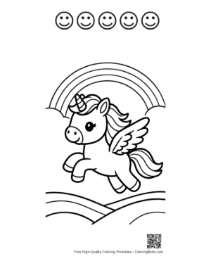 Thumbnail: Adorable Pony Soaring Through the Sky Above a Rainbow Printable and 5 Happy Face Outline