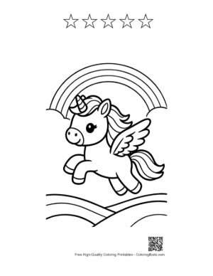 Thumbnail: Adorable Pony Soaring Through the Sky Above a Rainbow Printable and 5 Star Outline