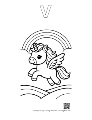 Thumbnail: Adorable Pony Soaring Through the Sky Above a Rainbow Printable Outline Alphabet V