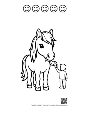 Thumbnail: Boy Feeding Cute Pony with Tongue Out Printable and 5 Happy Face Outline