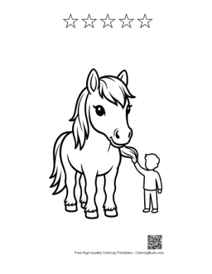 Thumbnail: Boy Feeding Cute Pony with Tongue Out Printable and 5 Star Outline