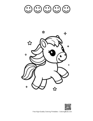 Thumbnail: Cute Pony Flying Happily in a Star-Filled Sky Printable and 5 Happy Face Outline