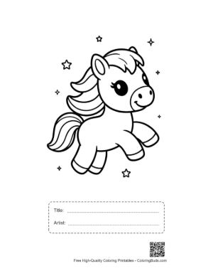 Thumbnail: Cute Pony Flying Happily in a Star-Filled Sky Printable with Title and Artist Box