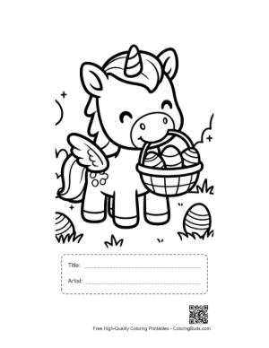 Thumbnail: Happy Pony Carrying a Basket of Decorated Eggs Printable with Title and Artist Box