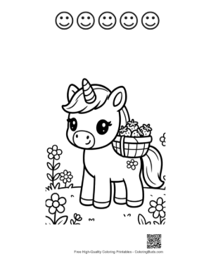 Thumbnail: Happy Pony Carrying a Basket Through a Field of Flowers Printable and 5 Happy Face Outline