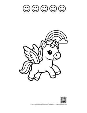 Thumbnail: Little Pony Flying Happily Under a Large Rainbow Printable and 5 Happy Face Outline