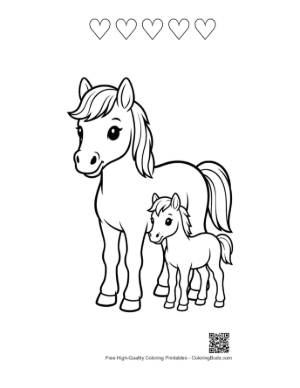 Thumbnail: Mother Pony and Foal Outline Printable and 5 Heart Outline
