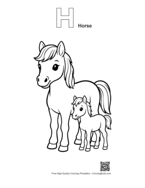 Thumbnail: Mother Pony and Foal Outline Printable Outline Alphabet H Horse
