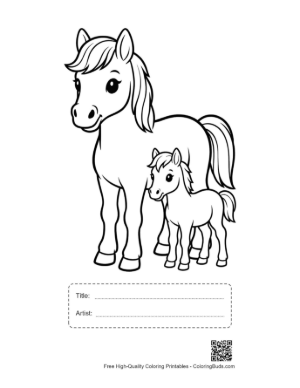 Thumbnail: Mother Pony and Foal Outline Printable with Title and Artist Box