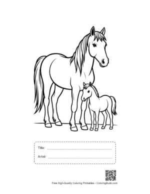 Thumbnail: Mother Pony and Foal Outline Printable with Title and Artist Box
