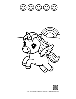 Thumbnail: Pretty Pony Flying Through Clouds Near a Rainbow Printable and 5 Happy Face Outline