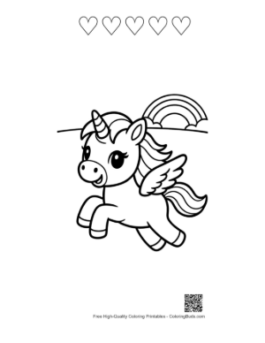Thumbnail: Pretty Pony Flying Through Clouds Near a Rainbow Printable and 5 Heart Outline