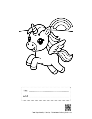 Thumbnail: Pretty Pony Flying Through Clouds Near a Rainbow Printable with Title and Artist Box
