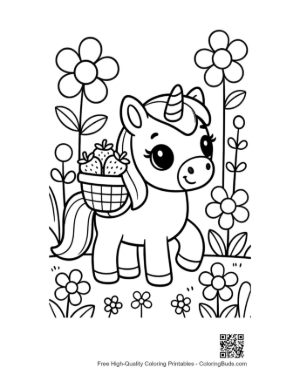 Thumbnail: Sweet Pony Standing in a Flower Garden with a Basket Printable