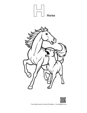 Thumbnail: Fierce Racehorse Confronts Snarling Wolf Printable Outline Alphabet H Horse