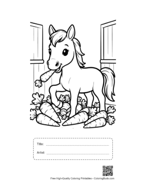 Thumbnail: Happy Horse Enjoying a Meal of Fresh Hay and Carrots Printable with Title and Artist Box