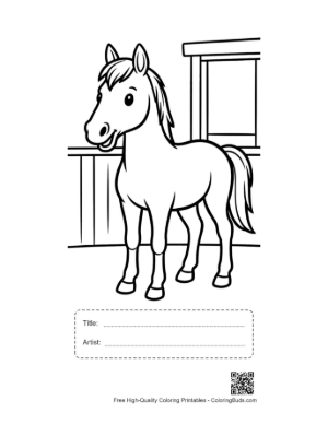Thumbnail: Healthy Horse Waiting in the Farm Stable Doorway Printable with Title and Artist Box