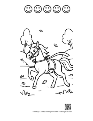 Thumbnail: Powerful Race Horse Galloping Through a Scenic Forest Trail Printable and 5 Happy Face Outline