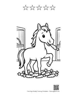 Thumbnail: Race Horse Eating Carrots in Front of a Rustic Barn Printable and 5 Star Outline