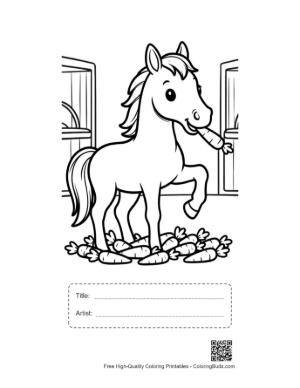 Thumbnail: Race Horse Eating Carrots in Front of a Rustic Barn Printable with Title and Artist Box