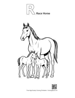 Thumbnail: Race Horse Mare and Twin Foals Printable Outline Alphabet R Race Horse
