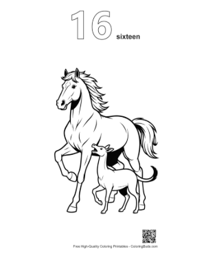 Thumbnail: Racehorse and Foal Striding Boldly Printable Outline Number 16