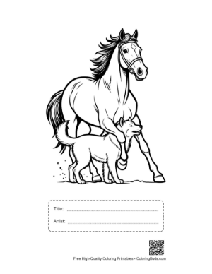 Thumbnail: Racehorse Galloping with Playful Husky Pup Printable with Title and Artist Box