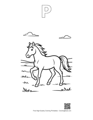 Thumbnail: Graceful Wild Horse Grazing Peacefully in the Countryside Printable Outline Alphabet P