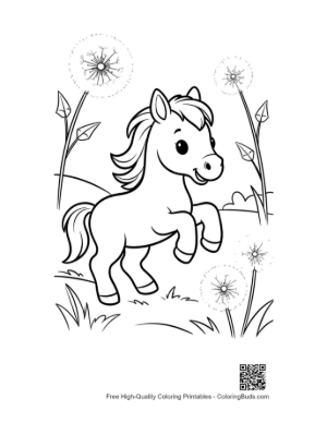 Thumbnail: Happy Wild Horse Foal in a Garden of Spring Blossoms Printable