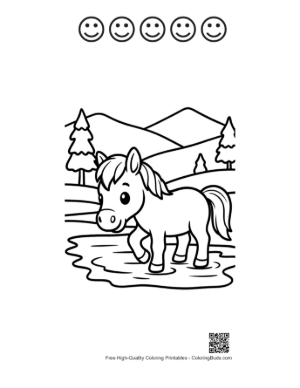 Thumbnail: Sweet Wild Horse Foal with a Striped Scarf in Nature Printable and 5 Happy Face Outline