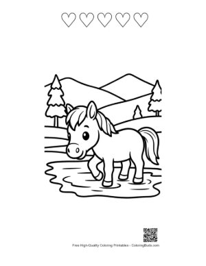 Thumbnail: Sweet Wild Horse Foal with a Striped Scarf in Nature Printable and 5 Heart Outline