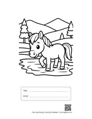 Thumbnail: Sweet Wild Horse Foal with a Striped Scarf in Nature Printable with Title and Artist Box