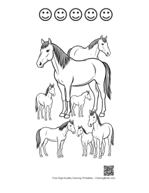 Thumbnail: Wild Horse Family Outline Illustration Printable and 5 Happy Face Outline