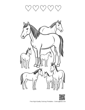 Thumbnail: Wild Horse Family Outline Illustration Printable and 5 Heart Outline