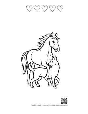 Thumbnail: Wild Horse Nuzzling Playful Wolf Pup Printable and 5 Heart Outline