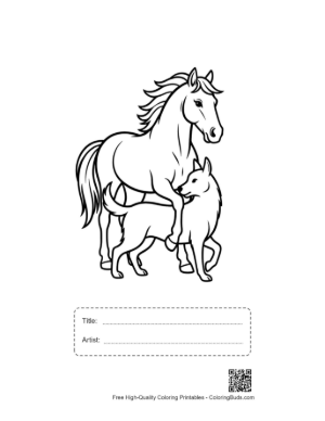 Thumbnail: Wild Horse Nuzzling Playful Wolf Pup Printable with Title and Artist Box