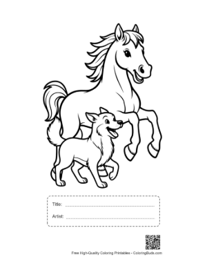Thumbnail: Wild Horse Rearing with Playful Husky Pup Printable with Title and Artist Box