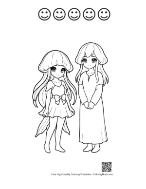 Thumbnail: Cute Moon Jellyfish Girls Standing Together Printable and 5 Happy Face Outline